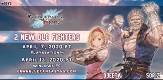 Les deux personnages en DLC de GBVS : Djeeta et Soriz côte à côte à côté de leurs dates de sortie sur PC et PS4