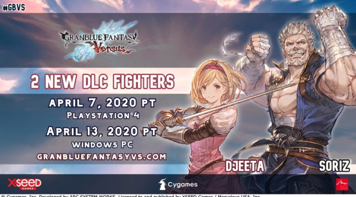 Les deux personnages en DLC de GBVS : Djeeta et Soriz côte à côte à côté de leurs dates de sortie sur PC et PS4