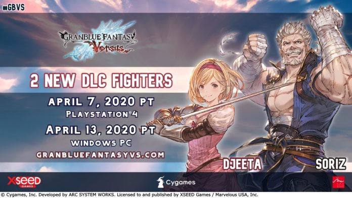 Les deux personnages en DLC de GBVS : Djeeta et Soriz côte à côte à côté de leurs dates de sortie sur PC et PS4