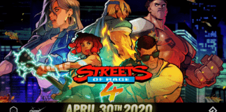 Le logo du jeu Streets of Rage 4 avec la date de sortie du 30 avril 2020 dessous et les différentes plateformes disponibles