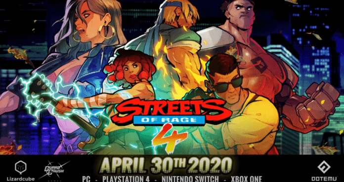 Le logo du jeu Streets of Rage 4 avec la date de sortie du 30 avril 2020 dessous et les différentes plateformes disponibles
