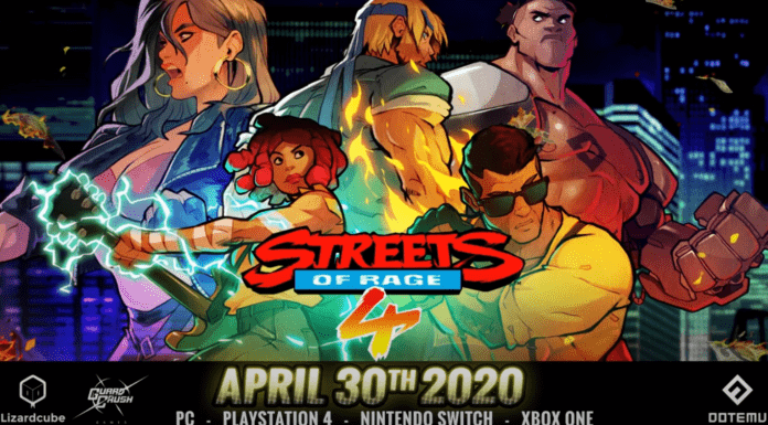 Le logo du jeu Streets of Rage 4 avec la date de sortie du 30 avril 2020 dessous et les différentes plateformes disponibles