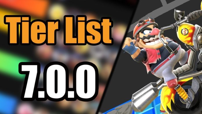 Les mots Tier List 7.0.0 avec Wario sur une moto à droite