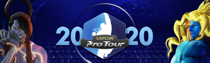 Le logo du Capcom Pro Tour 2020 au centre avec Seth et Gill de Street Fighter V de chaque côté