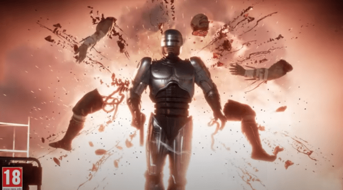 Une fatality de RoboCop dans Mortal Kombat 11: Aftermath ou l'adversaire éclate en morceaux derrière-lui