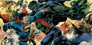 Superman et Hulk s'échangent des coups en symbolisant l'affrontement Marvel vs DC comics