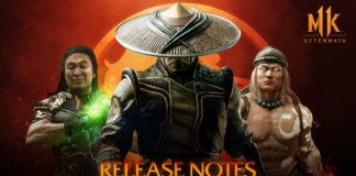 Trois personnages de Mortal Kombat 11: Aftermath sur fond rouge avec Raiden au premier plan