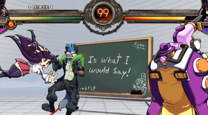 Le niveau Class notes de Skullgirl avec SoniFox en arrière-plan en tant que pnj
