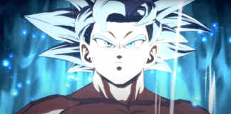 Le visage de Son Goku ultra Instinct sur fond turquoise