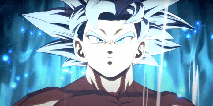 Le visage de Son Goku ultra Instinct sur fond turquoise