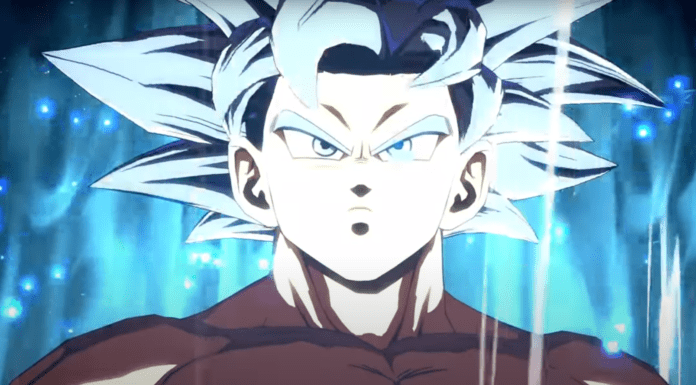Le visage de Son Goku ultra Instinct sur fond turquoise