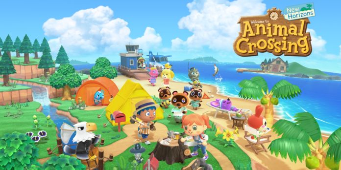 La campagne colorée avec un panneau sur la droite où est inscrit Animal Crossing: New Horizons