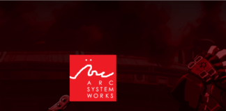 Le logo d'arc system works sur fond rouge avec Sol Badguy sur la droite