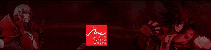 Le logo d'arc system works sur fond rouge avec Sol Badguy sur la droite
