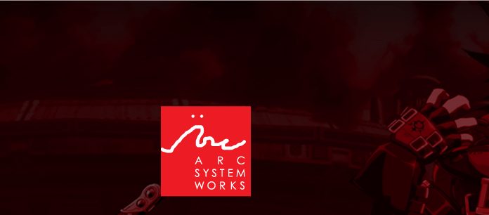 Le logo d'arc system works sur fond rouge avec Sol Badguy sur la droite