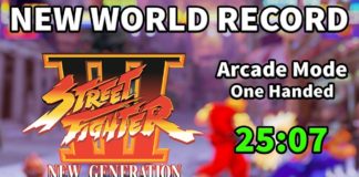 Le logo de Street Fighter III: New Generation avec le temps du record en speedrun de Justin Wong en vert