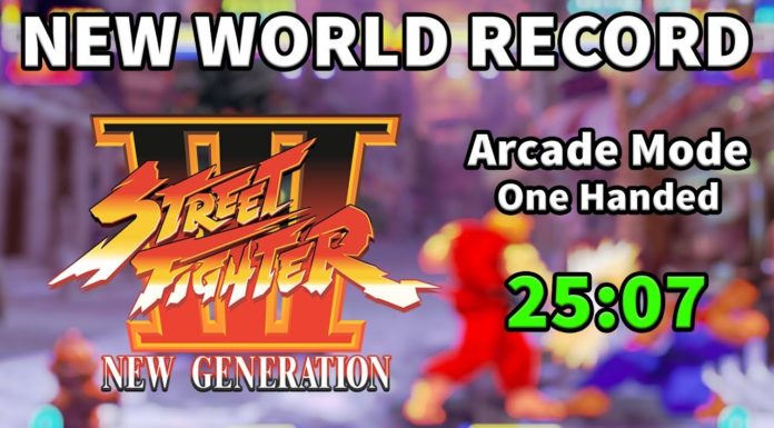 Le logo de Street Fighter III: New Generation avec le temps du record en speedrun de Justin Wong en vert