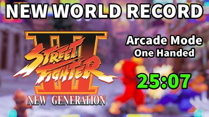 Le logo de Street Fighter III: New Generation avec le temps du record en speedrun de Justin Wong en vert
