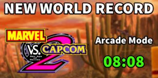 Le logo de Marvel vs. Capcom 2 avec à droite le record du monde de 8:08 et au dessus le titre en anglais « New world record »