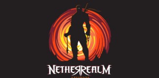 Le logo de NetherRealm Studio avec un combattant devant une spirale rouge et jaune