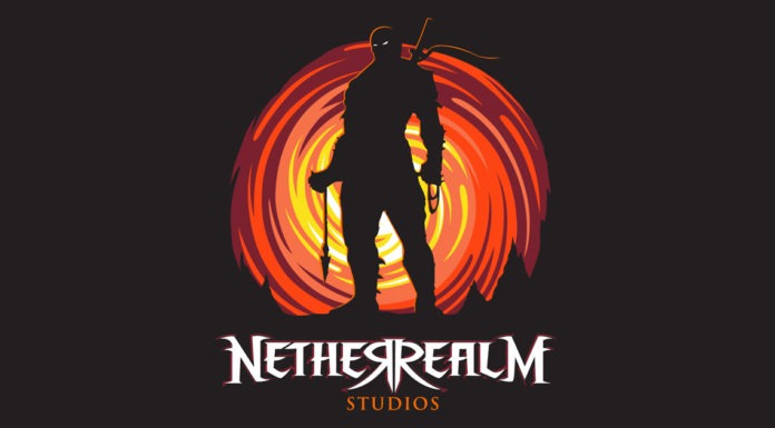 Le logo de NetherRealm Studio avec un combattant devant une spirale rouge et jaune