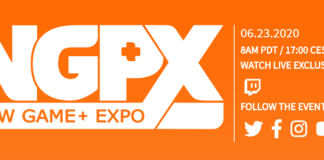 Le logo du NGPX : New Game+ Expo en blanc sur fond orange