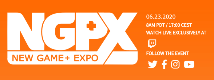 Le logo du NGPX : New Game+ Expo en blanc sur fond orange