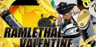 Le personnage de Guilty Gear Strive Ramlethal Valentine sur fond jaune avec son nom écrit en gros