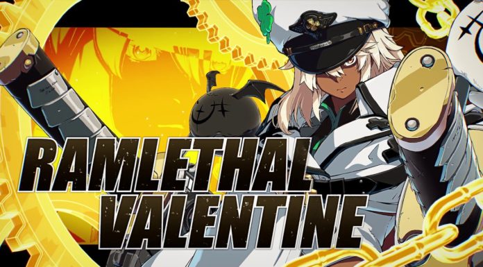 Le personnage de Guilty Gear Strive Ramlethal Valentine sur fond jaune avec son nom écrit en gros