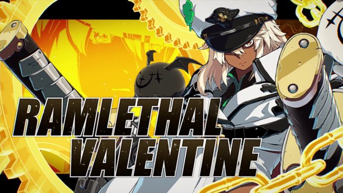 Le personnage de Guilty Gear Strive Ramlethal Valentine sur fond jaune avec son nom écrit en gros