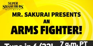 Un message en anglais sur fond jaune annonçant la présentation d'un personnage de ARMS pour Super Smash bros. Ultimate par M. Sakurai