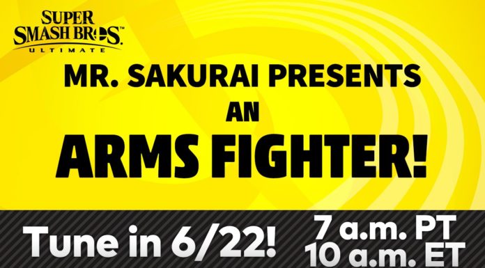 Un message en anglais sur fond jaune annonçant la présentation d'un personnage de ARMS pour Super Smash bros. Ultimate par M. Sakurai