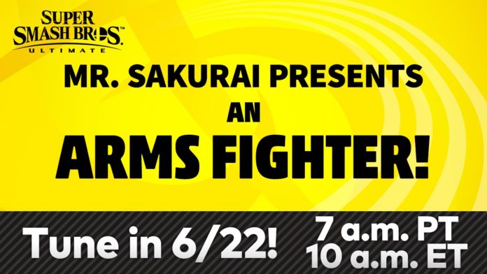 Un message en anglais sur fond jaune annonçant la présentation d'un personnage de ARMS pour Super Smash bros. Ultimate par M. Sakurai