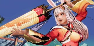 Le personnage en DLC de Samurai Shodown Gongsun Li en provenance du jeu mobile de Tencent Honor of Kings. Elle tient une ombrelle jaune et rouge.