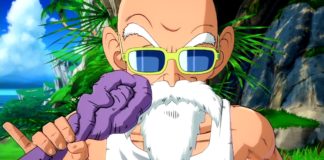 Le futur combattant additionnel de Dragon Ball FighterZ, Tortue Géniale, avec sa canne, levant le petit doigt de la main droite