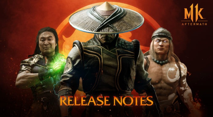 Le visuel officiel des mise à jour de Mortal Kombat 11: Aftermath avec l'inscription « release notes » et trois personnages du jeu