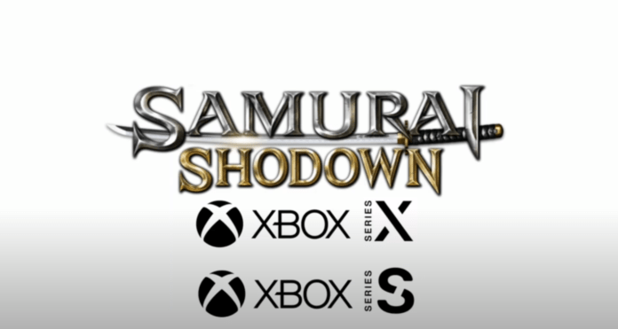 Le logo de Samurai Shodown sur fond blanc avec les logos de la Xbox Series X et Series S