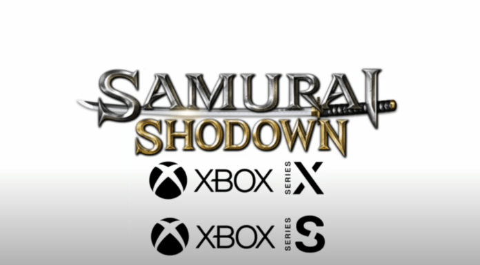 Le logo de Samurai Shodown sur fond blanc avec les logos de la Xbox Series X et Series S