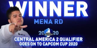 Le joueur de Street Fighter V MenaRD devant le mot Winner à l'occasion du Capcom Pro Tour Online 2020