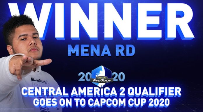Le joueur de Street Fighter V MenaRD devant le mot Winner à l'occasion du Capcom Pro Tour Online 2020