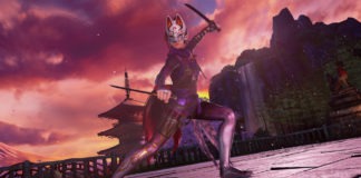 Le personnage en DLC de Tekken 7 Kunimitsu en position d'attaque avec deux katanas devant une pagode asiatique