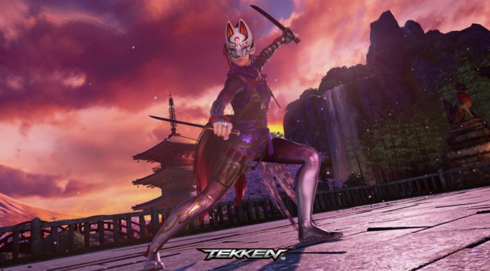 Le personnage en DLC de Tekken 7 Kunimitsu en position d'attaque avec deux katanas devant une pagode asiatique