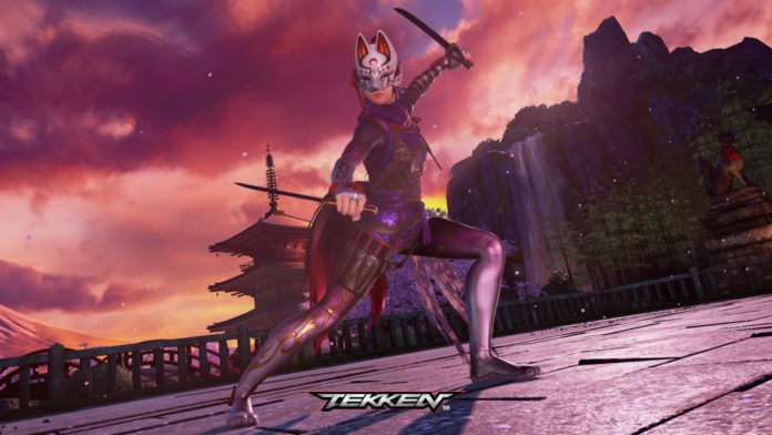 Le personnage en DLC de Tekken 7 Kunimitsu en position d'attaque avec deux katanas devant une pagode asiatique