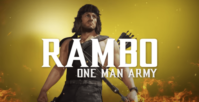 Le personnage DLC de MK11: Ultimate John Rambo avec en titre One Man Army