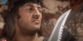 Le visage de John Rambo avec son couteau dans sa bande-annonce de Gameplay pour Mortal Kombat 11: Ultimate