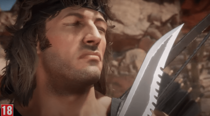 Le visage de John Rambo avec son couteau dans sa bande-annonce de Gameplay pour Mortal Kombat 11: Ultimate