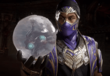 Le personnage Rain de Mortal Kombat 11: Ultimate en train de tenir une boule d'eau dans la main droite contenant deux yeux