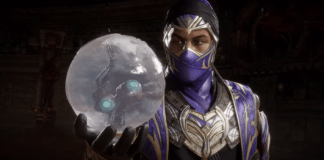 Le personnage Rain de Mortal Kombat 11: Ultimate en train de tenir une boule d'eau dans la main droite contenant deux yeux