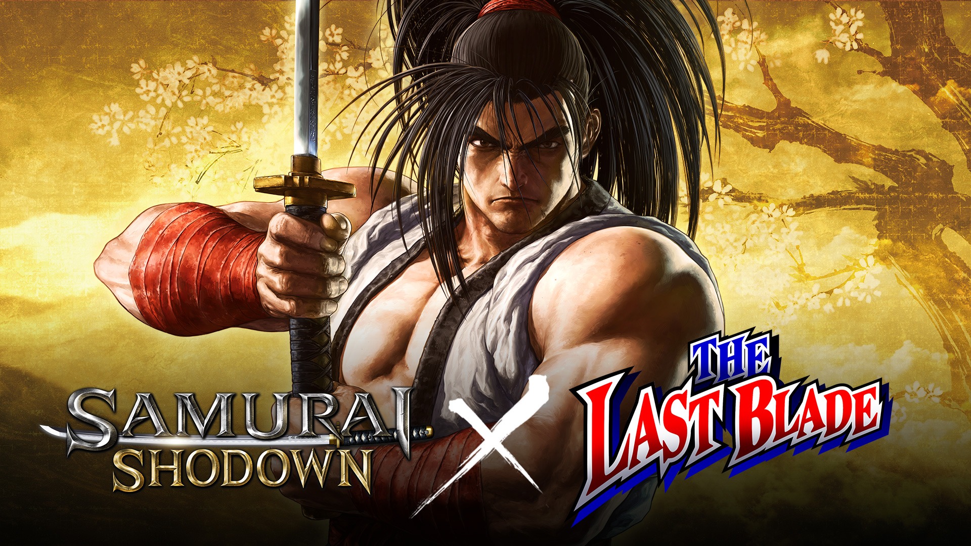 Le personnage Haohmaru pose avec son katana derrière les logos Samurai Shodown et The Last Blade