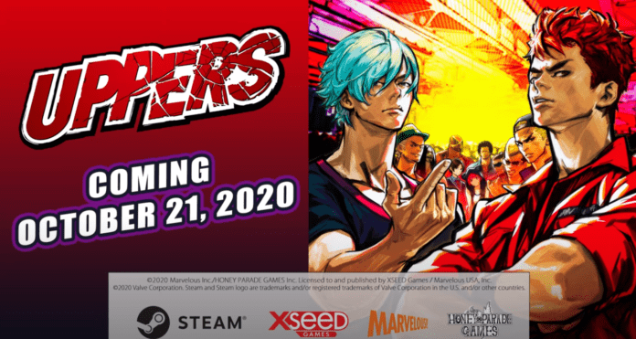 L'affiche du jeu Uppers qui sortira sur PC le 21 octobre avec les deux personnages principaux en premier plan